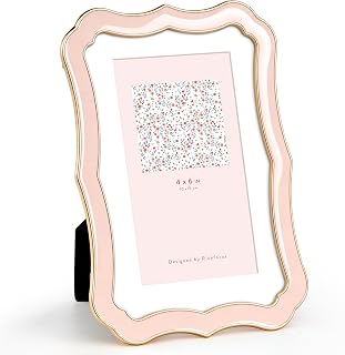 4x6 Enamel Picture Frame with HD-Tempered Glass, Display 3x5 Photo with Mat, Ornate Photo Frame with Gold Metal Edge & Velvet Back for Tabletop & Wall Mount Vertically or Horizontally Display, Pink