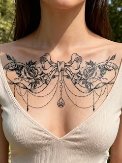 Minimalist Rose Bow Tattoo Sticker Exquisite Black Color Holiday Gift Waist Shoulder Neck Clavicle Body Temporary Waterproof 1 Pack