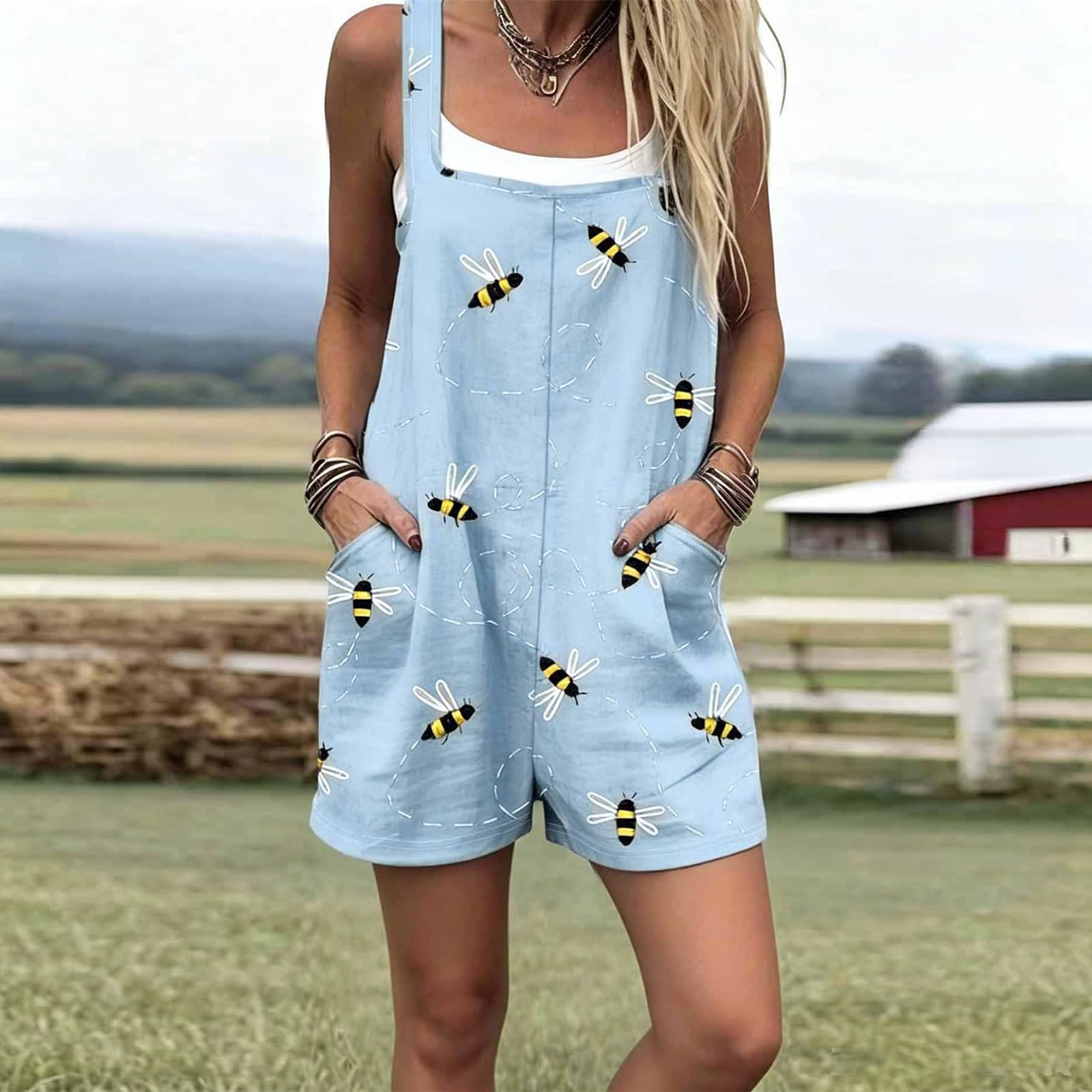 Women's Spring Summer Bee Print Bib Over Shorts Cute Loose Casual Pocket Jumpsui