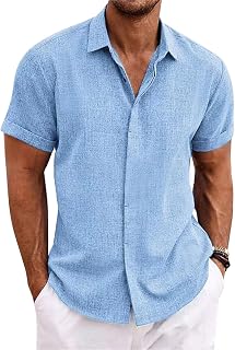 PADOLA Men's Linen Shirt with Button Down Collar Short Sleeves and Beach Slim Fit Summer Casual