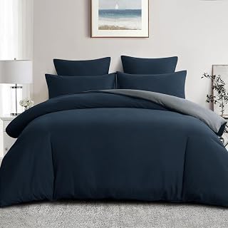Aisbo King Size Duvet Cover Set - 3Pcs Reversible Bedding Bed Set Navy Blue and Grey Kingsize Soft Brushed Microfiber Quilt Cover with 2 Pillowcases 50x75cm
