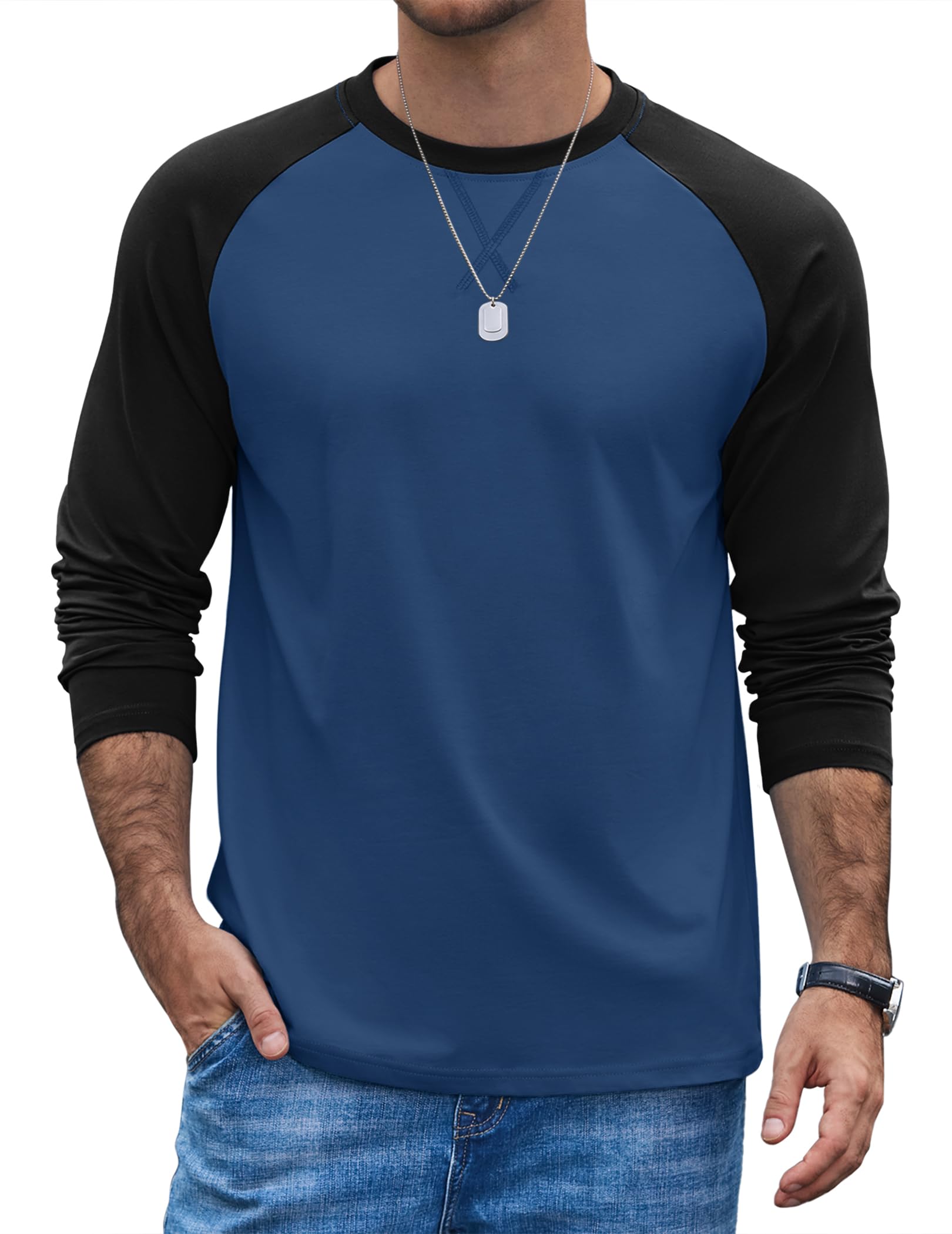 COOFANDY Men's Long Sleeve Cotton Raglan Contrast Long Sleeve Crew Neck Baseball