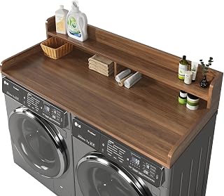 BigPonPon 2-Tier Washer and Dryer Countertop,2.75" H Guard,58" W x 28" D Laundry Countertop Cover with Non-Slip Pad,Large Space Laundry Topper for Folding Clothes Over Washer and Dryer-Dark Walnut