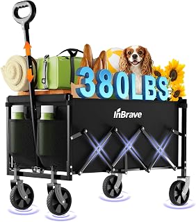 InBrave Folding Wagon Cart with All-Terrain Wheels, 380LBS Capacity Collapsible Wagon, Portable Lightweight Utility Wagon for Camping, Beach Days, Picnics & Grocery Shopping (Black)