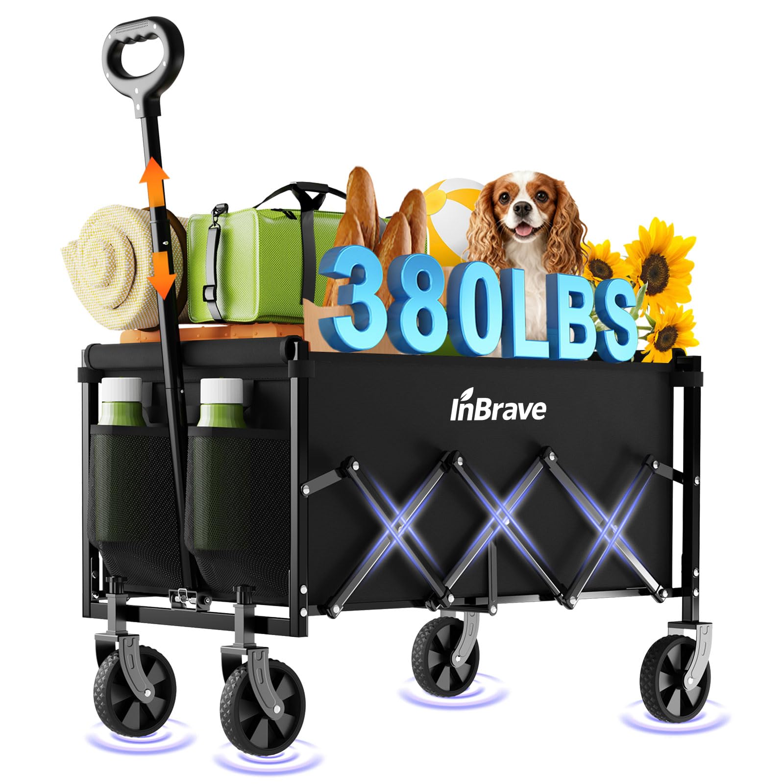 InBrave Folding Wagon Cart with All-Terrain Wheels, 380LBS Capacity Collapsible 