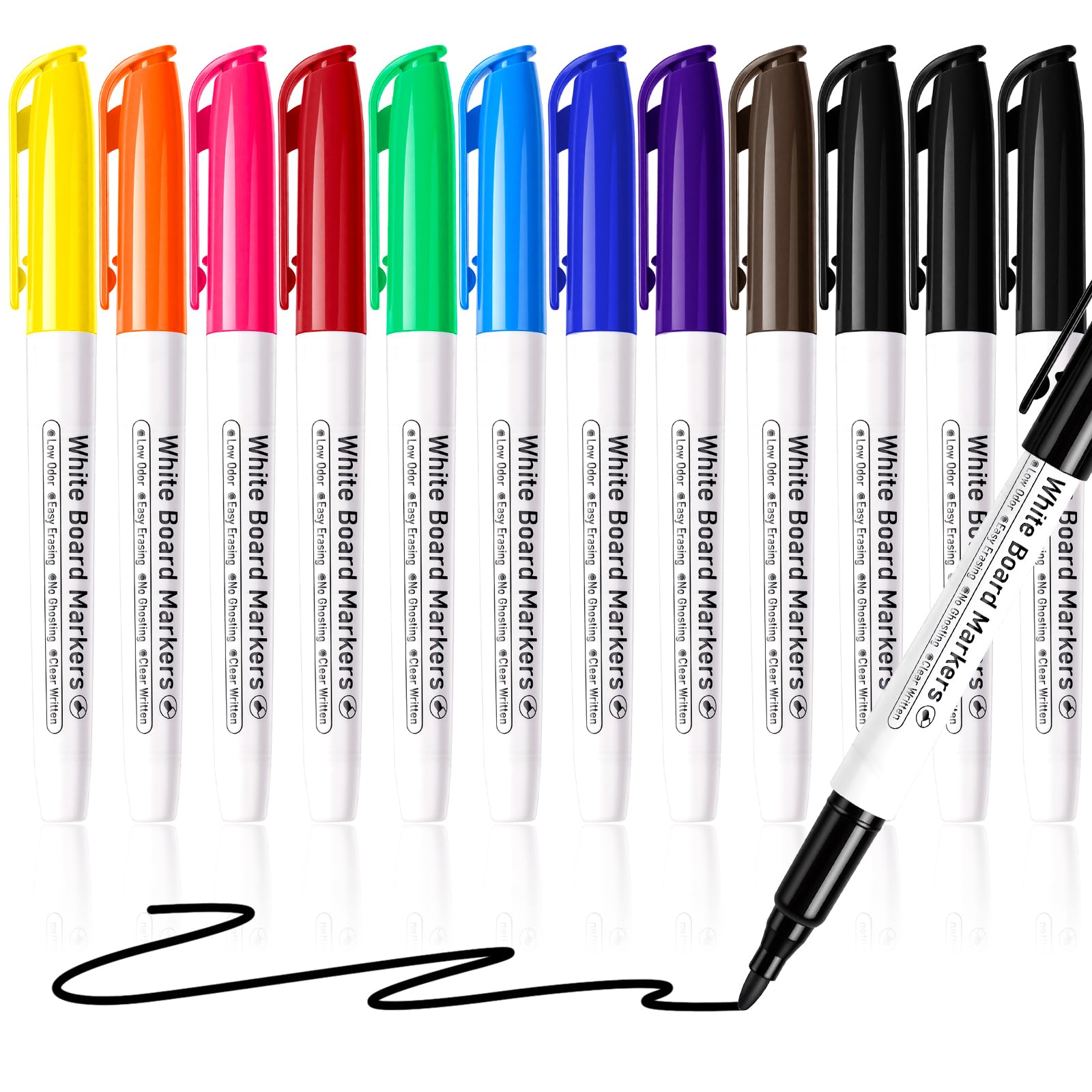Hoenart Dry Wipe Whiteboard Marker Pens, 10 Colours Pack of 12, Fine Tip,Low Odo