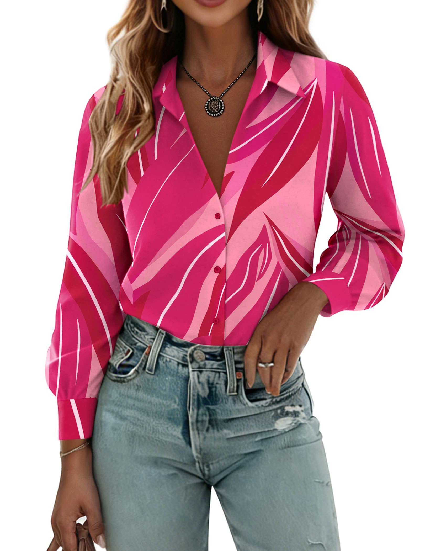 Zeagoo 2024 Fashion Casual Long Sleeve Printed Button Down Shirts for Women