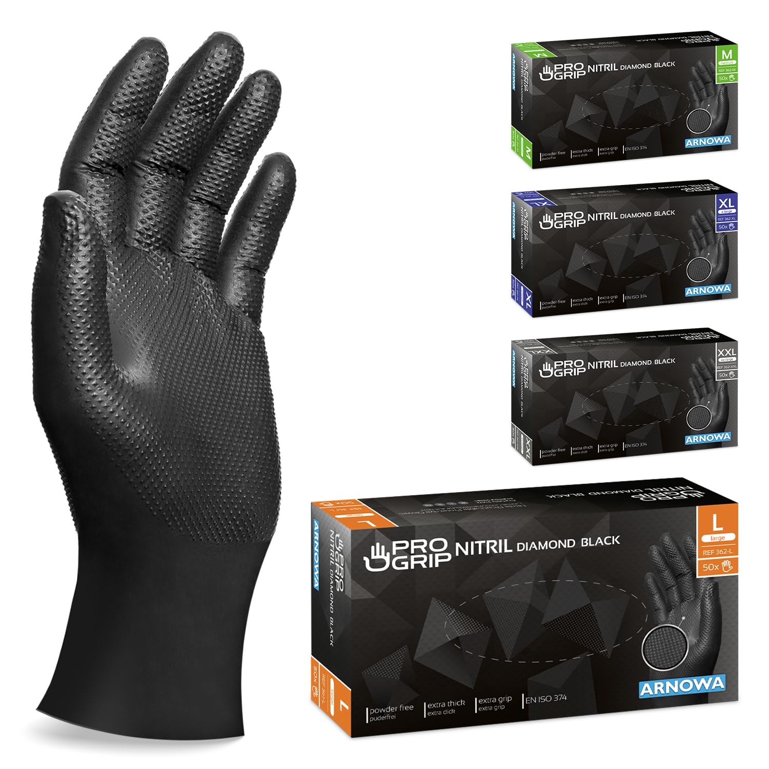 50x PROGRIP Einweghandschuhe Diamant Grip Schwarz, Nitrilhandschuhe L | Disposab