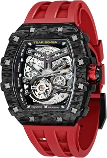 TSAR BOMBA Men's Watch Automatic 50M Waterproof Mechanical Wristwatch Skeleton Tonneau Design Luxury Square Stylish Sports Work Analogue Watches for Men Gift for Men Silicone Strap
