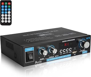Stereo Audio Amplifier Bluetooth 5.0, 2.0 Channel Mini Stereo Receivers with Bass & Treble Control,Home Audio w/AUX, USB, SD Card Input,Remote Control