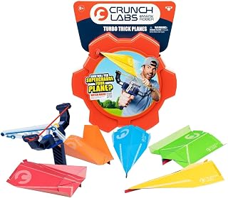 CrunchLabs by Mark Rober, Turbo Trick Paper Airplane, Fold, Launch, Fly | Launcher kit with 5 flight designs, 3 power bands, and QR how-to videos for experimenting with airplanes