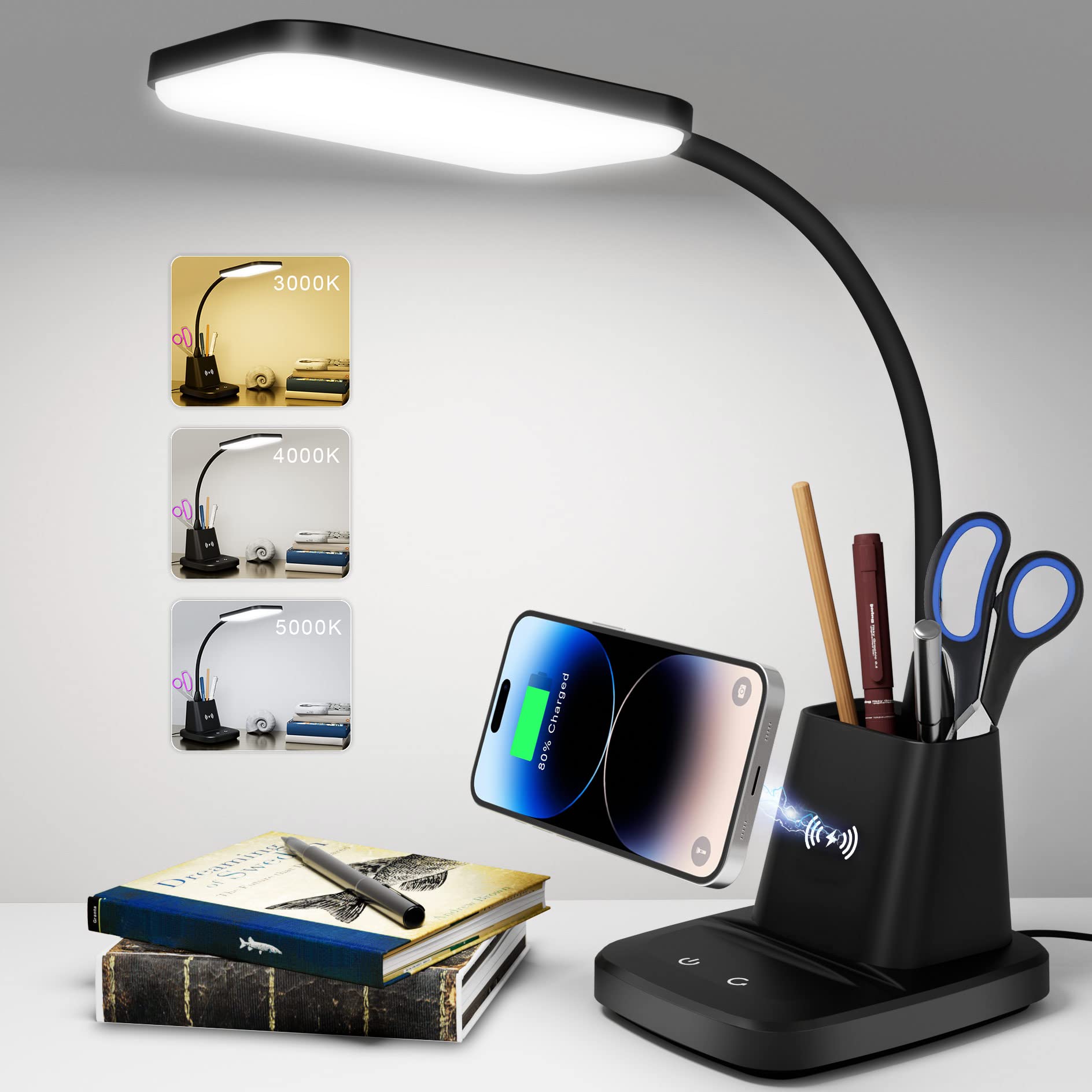 Sailstar LED Desk Lamp with 10W Wireless Charging & Pen Holder, Black | CRI 95, 