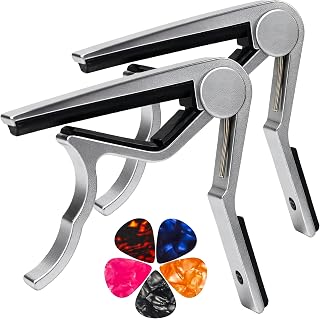 Guitar Capo for Acoustic Electric Guitars, 2PC Capo Guitar Clamp Kapo with 5 Picks, Unique Design for Bass Guitar Ukulele, Silver