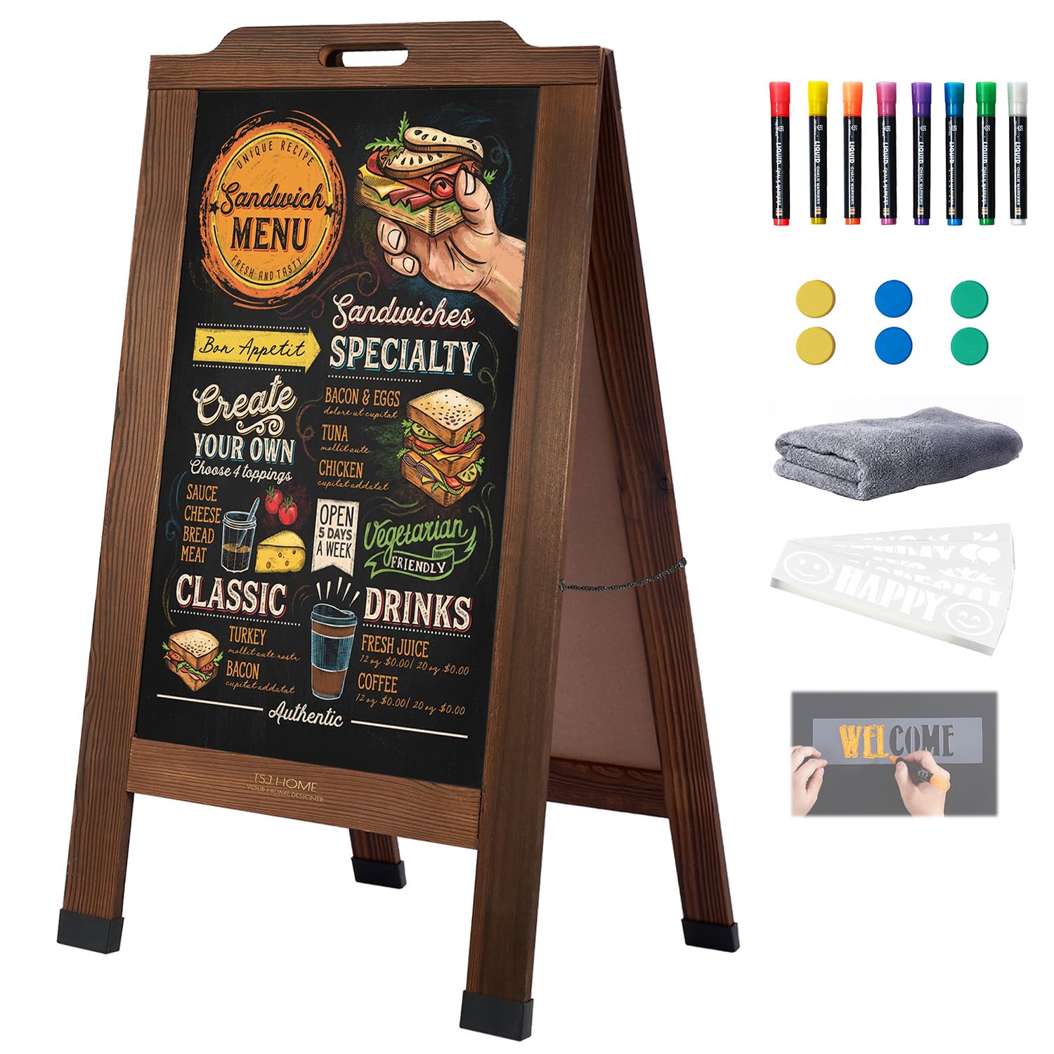Tsj Home Magnetic Portable A-Frame Chalkboard Signs, 40" × 20", Brown | Solid Pi