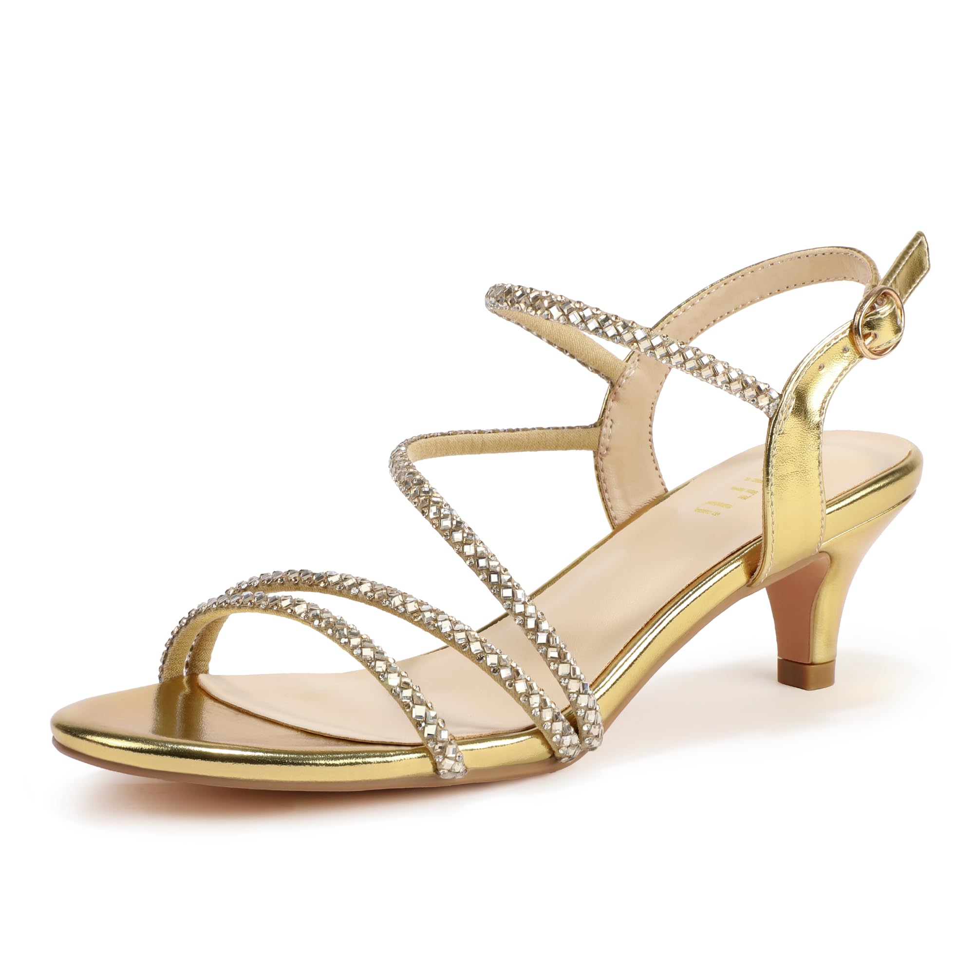 IDIFU IN2 Sparkly Rhinestone Kitten Heels for Women Strappy Low Heel