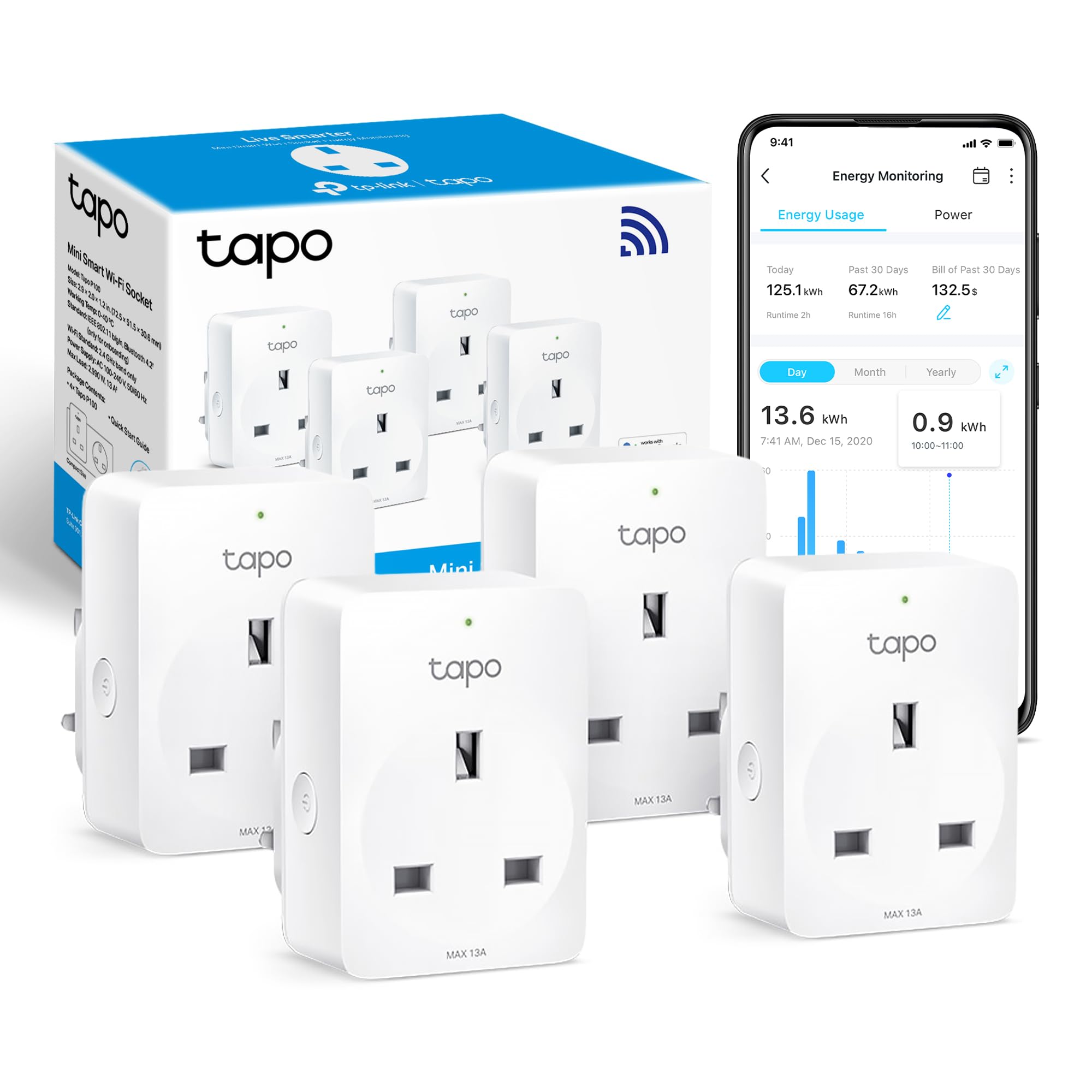 Tapo TP11(4-pack) Smart Plug, Energy Monitoring Compact WiFi Plug | Energy Monit