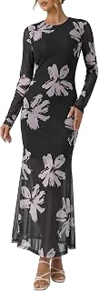 Women Floral Mesh Cocktail Dress Long Sleeve Formal Wedding Guest Dress Party Date Night Elegant Dress