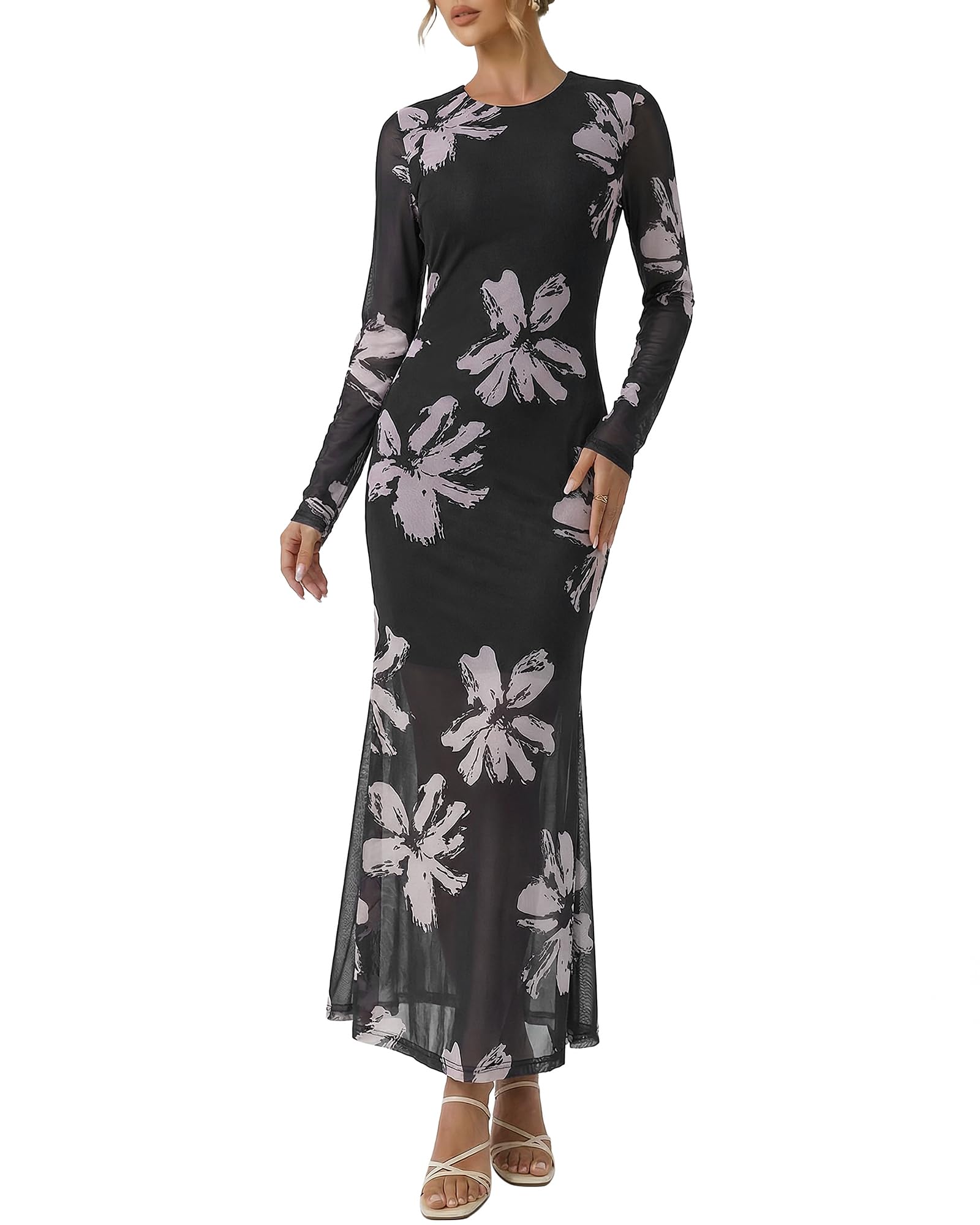 Women Floral Mesh Cocktail Dress Long Sleeve Formal Wedding Guest Dress Party Da