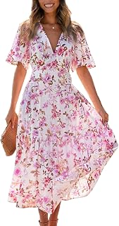 Business Casual Dress for Women Short Sleeve Boho Floral Maxi V-Neck Elegant A-Line Summer Fall Wedding Guest Dress DJ9271-Pink-White-M
