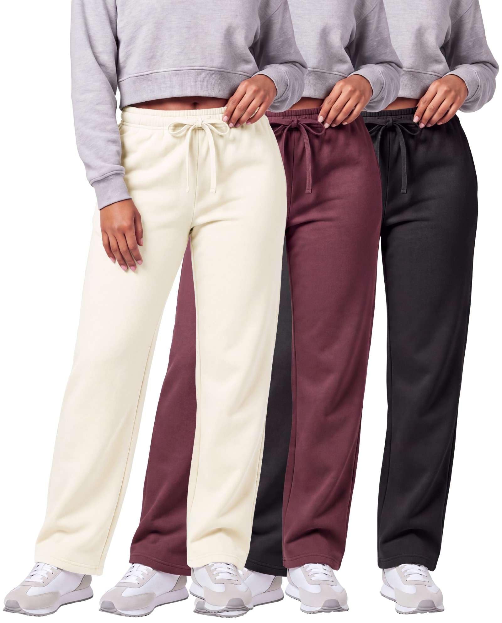 Real Essentials 3 Pack: Women's Relaxed Fit Fleece Open Bottom Sweatpants - Casu