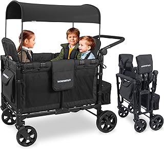 WonderFold W4 Elite Stroller Wagon, Steel Frame, 4 Seater, Jet Black | Foldable Wagon with an Adjustable Canopy & Push Handle, All-Terrain Wheels & 5-Point Harnesses for Babies, Toddlers & Kids