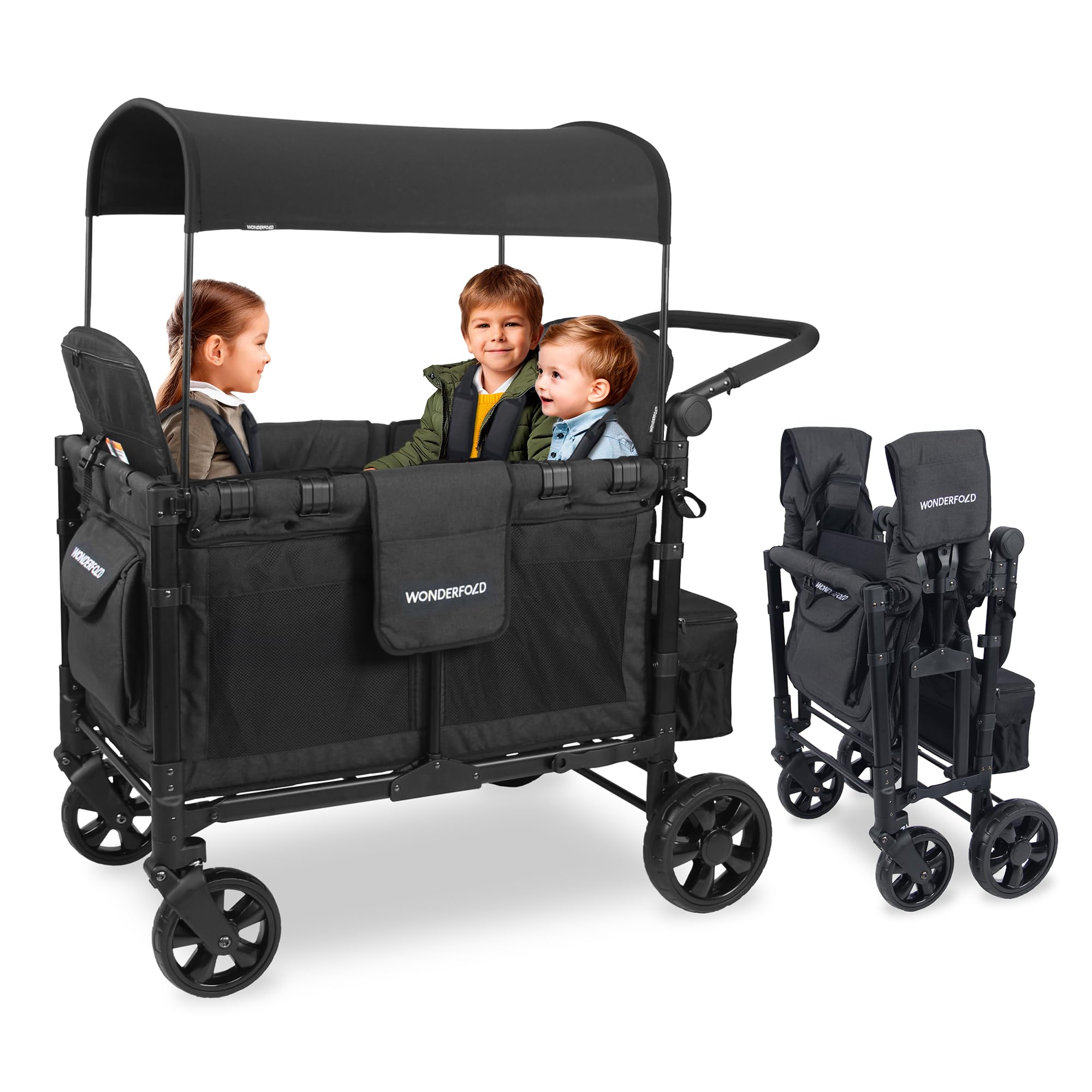 WonderFold W4 Elite Stroller Wagon, Steel Frame, 4 Seater, Jet Black | Foldable 