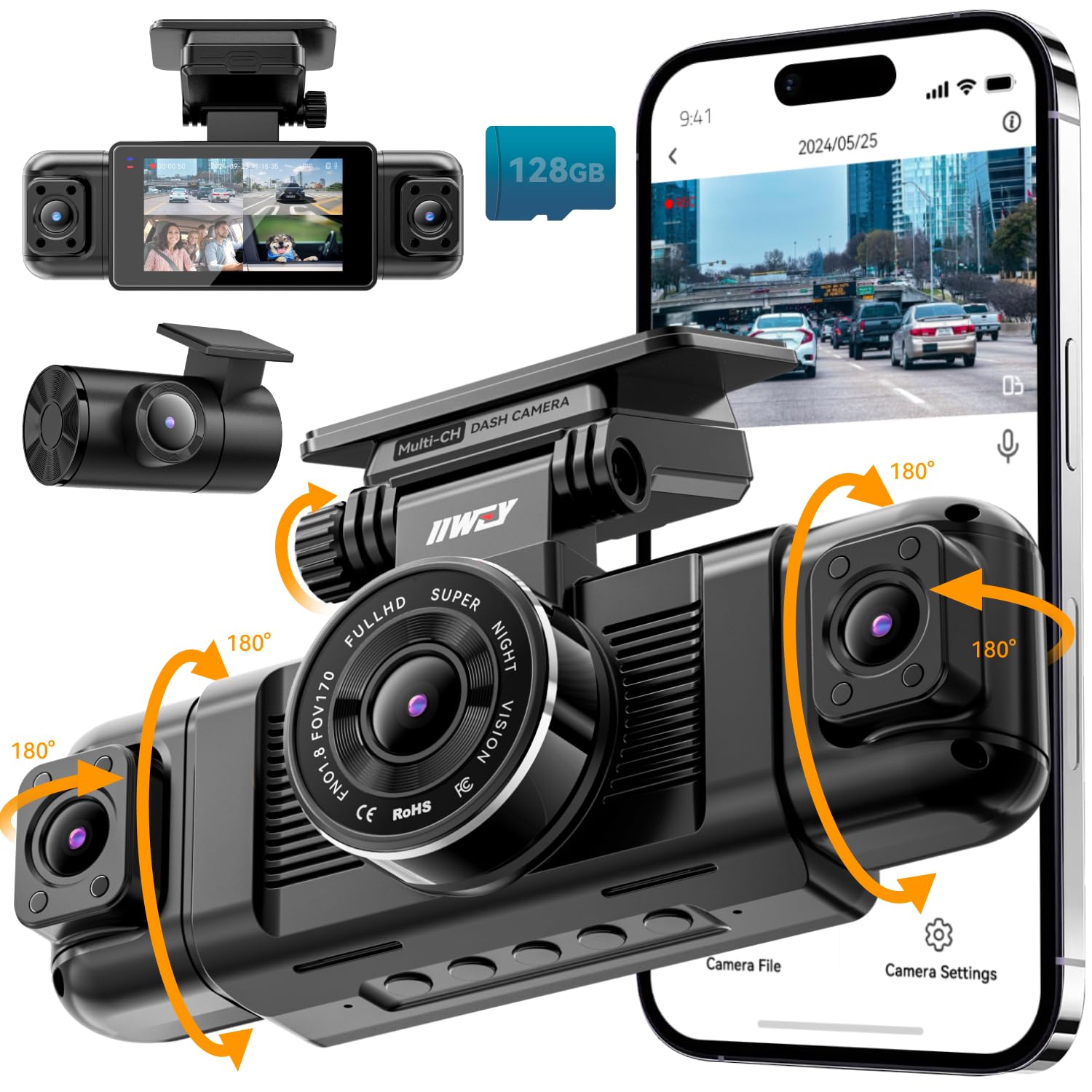 IIWEY N5 4 Channel Dash Cam for Cars, 360° View 2K Front 1080P Rear Inside | Inc