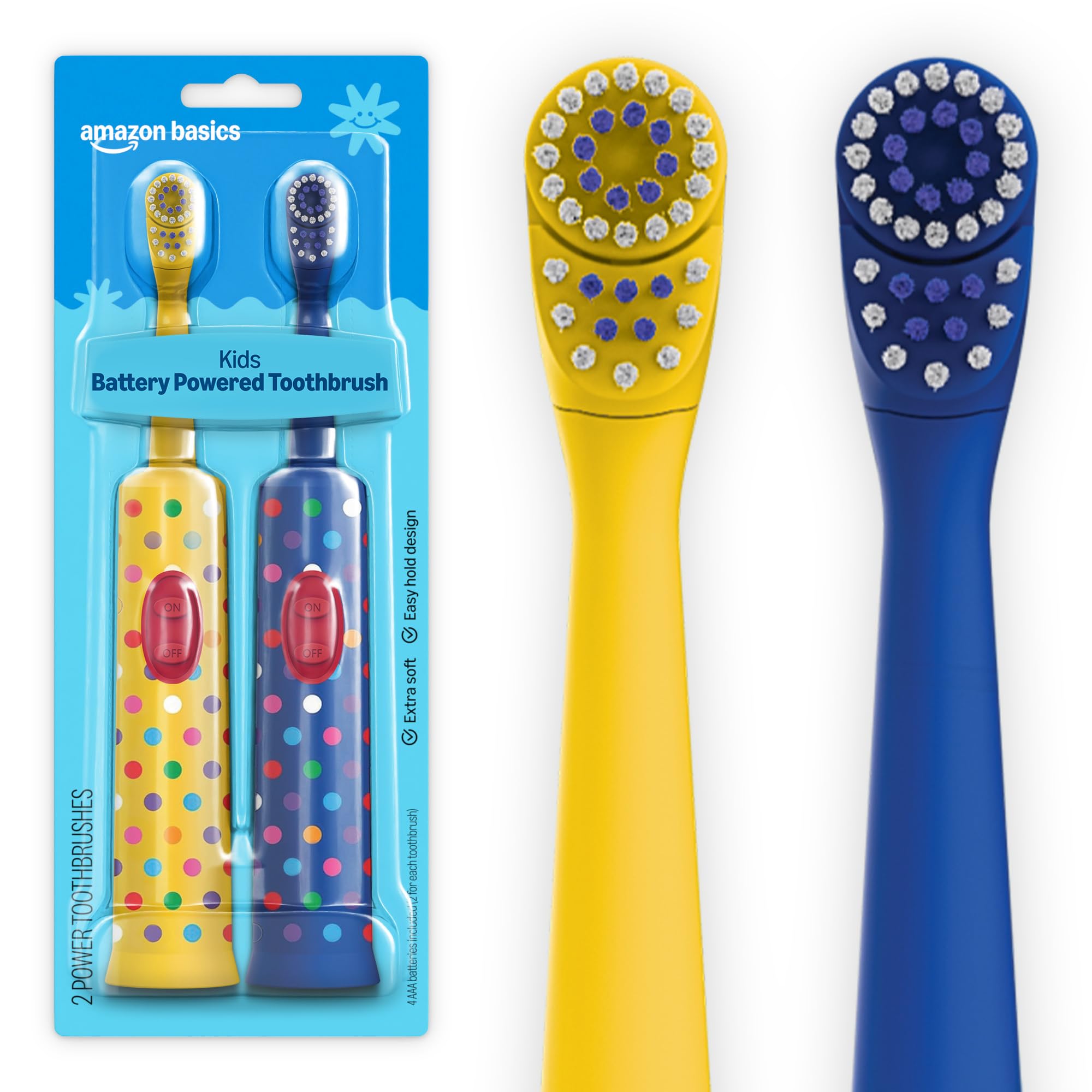 Amazon Basics Kids Battery Powered Toothbrush, 2 Count, 1 Pack, Packaging May Va