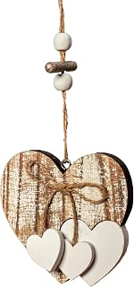 Sun&Beam Handmade Pine Heart Hanging Decoration, Layered Rustic Design #1 | Layered large-and-small hearts with a wooden bead, natural twig and jute bow details.