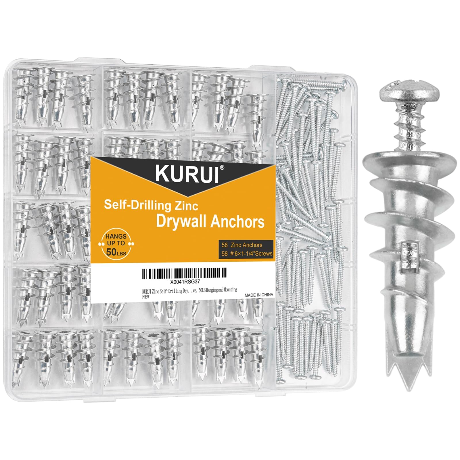 KURUI 116Pcs Metal Self Drilling Drywall Anchors, Heavy Duty Wall Anchors | 58 S