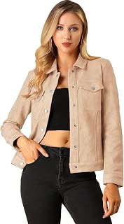 Allegra K Women's Turn-Down Collar Flap Pockets Press Stud Faux Suede Jacket, Grey