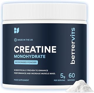 Bettervits Creatine Monohydrate Powder | Ideal for Muscle Growth & Recovery - Unflavoured Creatine 5g | 100% Pure Micronised Creatine Powder | Supports Strength Performance | 60 Servings