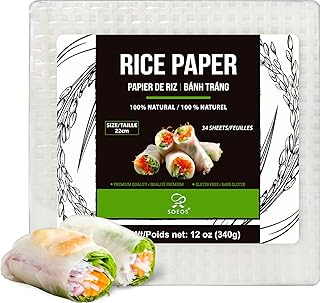 Soeos Rice Paper, White Rice Paper Wrappers, 1 Pack, 34 Sheets-Fresh Spring Roll Wrappers & Dumplings, Non-GMO, Gluten-Free, Low Carb, Vietnamese Rice Wraps (Square, 22cm)