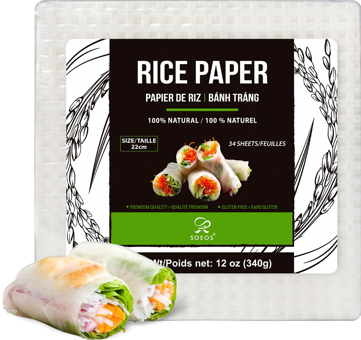 Soeos Rice Paper, White Rice Paper Wrappers, 1 Pack, 34 Sheets-Fresh Spring Roll