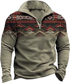 HOTYD Aztec Cowboy Mens Hoodie Vintage Graphic Western Hoodies Casual Long Sleeve 1/4 Zip Pullover Mens Country Jacket