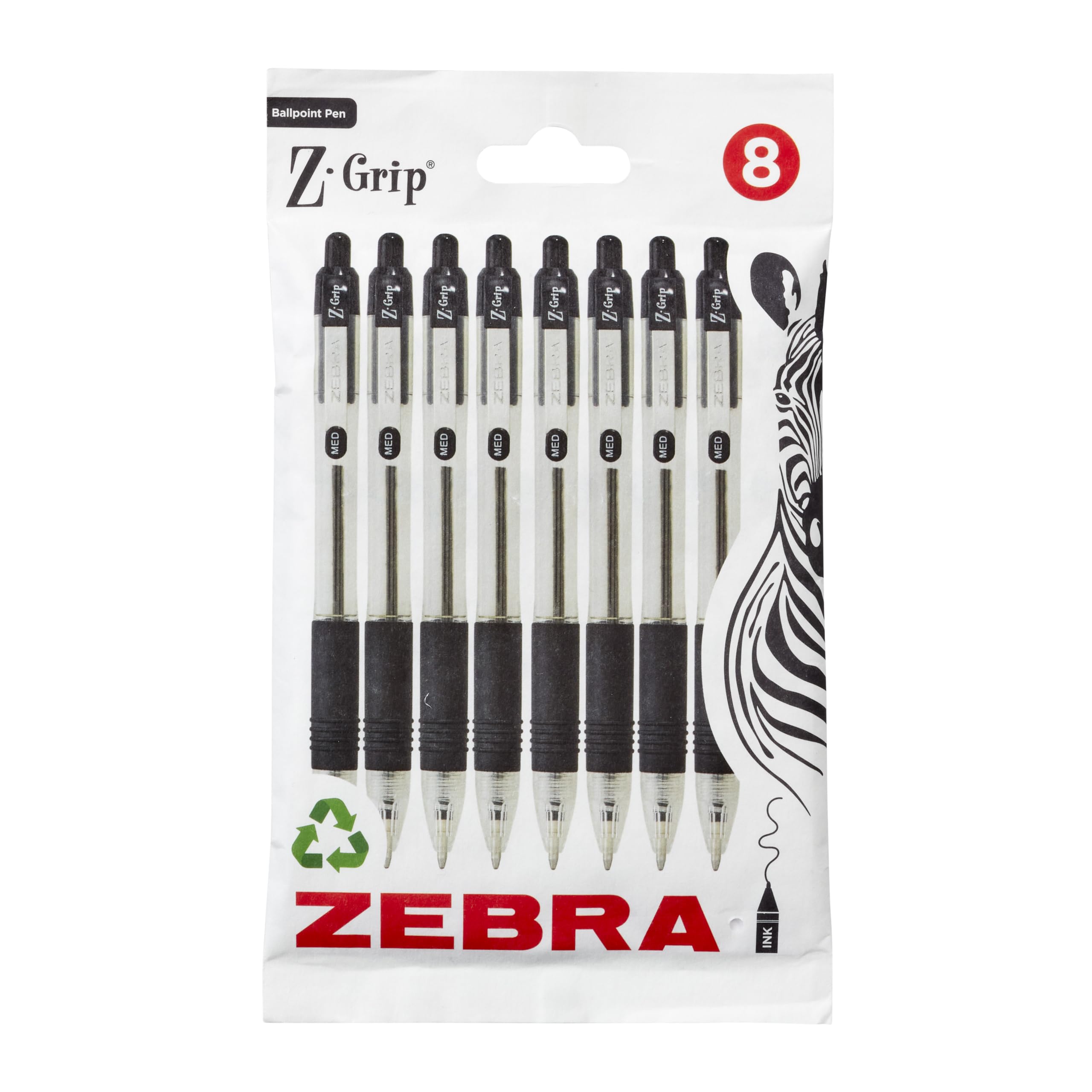 Zebra Pen Z Grip Black Ballpoint Pens with Pocket Clip 8pk, Retractable Black In