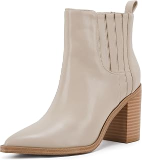 Womens Ankle Boots Slip on Pointed Toe Chunky Block Mid Heel Leather Elastic Panel Casual Chelsea Western Booties