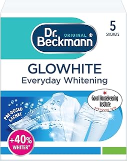 Dr. Beckmann Glowhite, In-Wash Sachets, Brighter White Laundry, 5 x 40g | Brighter white Laundry, treats greying. Pre-dosed no mess. Convenient format. In-wash laundry whitener and stain remover