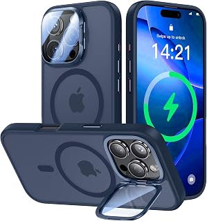 [Upgraded] for iPhone 16 Pro Case with Camera Cover Stand [Fit for MagSafe][9H Camera Lens Protector] Mil-Grade Protection Translucent Matte Magnetic iPhone 16 Pro Phone Case, Blue