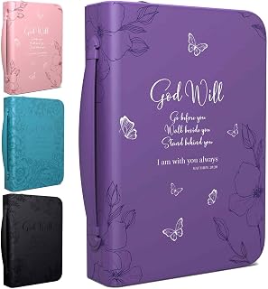 Bible Cover Case for Women - Large Purple Faux Leather Bible Carrying Case | Fits Book 10.1x7x1.9 in - Christian Floral Bible Accessory - Pen Slots - Zippered Pocket - Bible Holder Bag for Woman