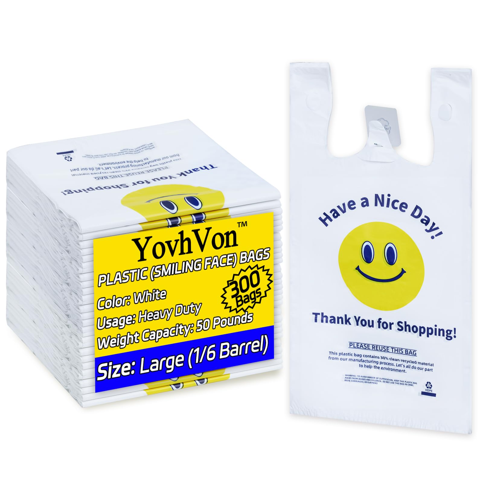 YovhVon 0.8Mil(20 Microns), 300 Count, Plastic Bags with Handles, T-Shirt bags, 