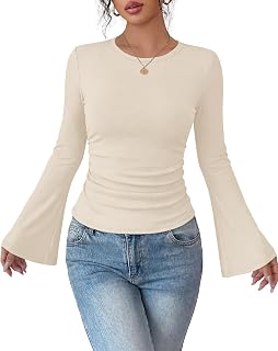 Sampeel Womens Bell Long Sleeve Shirts Ruched Tops Trendy 2026 Y2k Outfits
