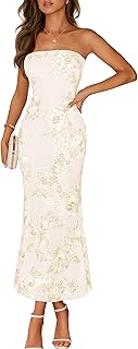 MEROKEETY Women's Strapless Floral Maxi Dress 2026 Summer Mesh Bodycon Formal Wedding Guest Cocktail Party Maxi Dress