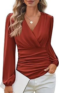GRACE KARIN 2024 Women's Tops Elegant Wrap V-Neck Blouse Autumn Work Blouse Long Sleeve Casual Ruched