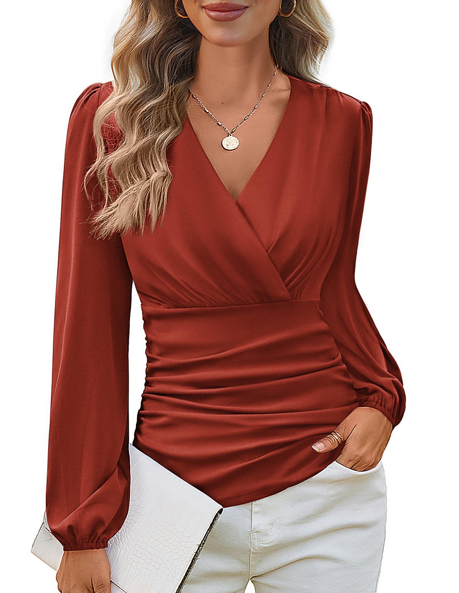 GRACE KARIN 2024 Women's Tops Elegant Wrap V-Neck Blouse Autumn Work Blouse Long
