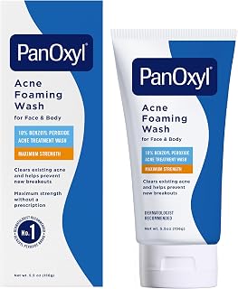 PanOxyl Acne Foaming Wash, 10% Benzoyl Peroxide, For Face &amp; Body, 5.5 oz | Maximum Strength, Antibacterial Daily Cleanser, Treats &amp; Prevents Acne, Non-Comedogenic, Vegan, Unscented, All Skin Types