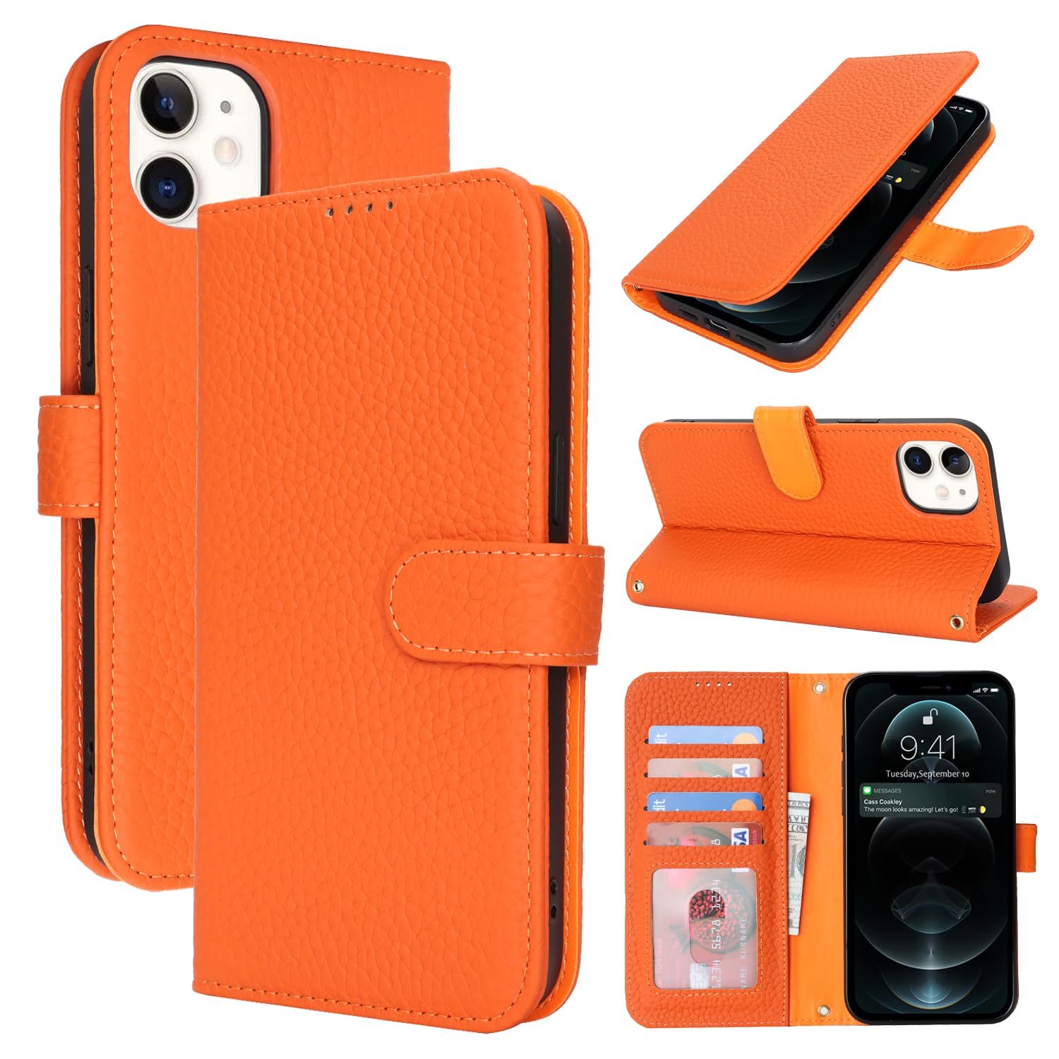 Zouzt Leather Wallet Case for iPhone 12/12 Pro (6.1"), 4 Card Slot, Orange