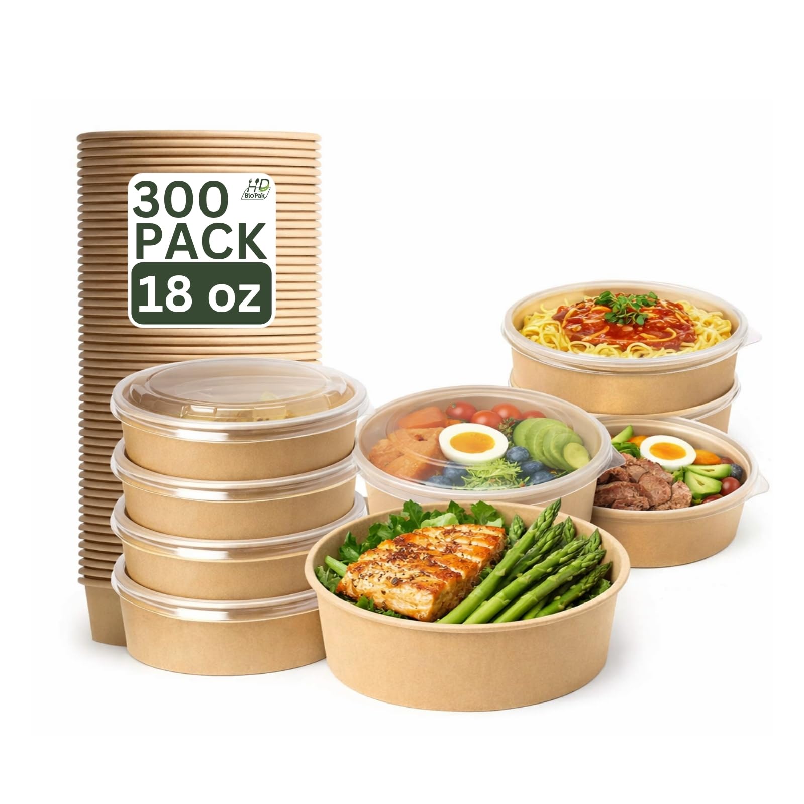 18oz 300Pack Kraft Paper Bowls with Lids, Disposable Meal Prep Containers