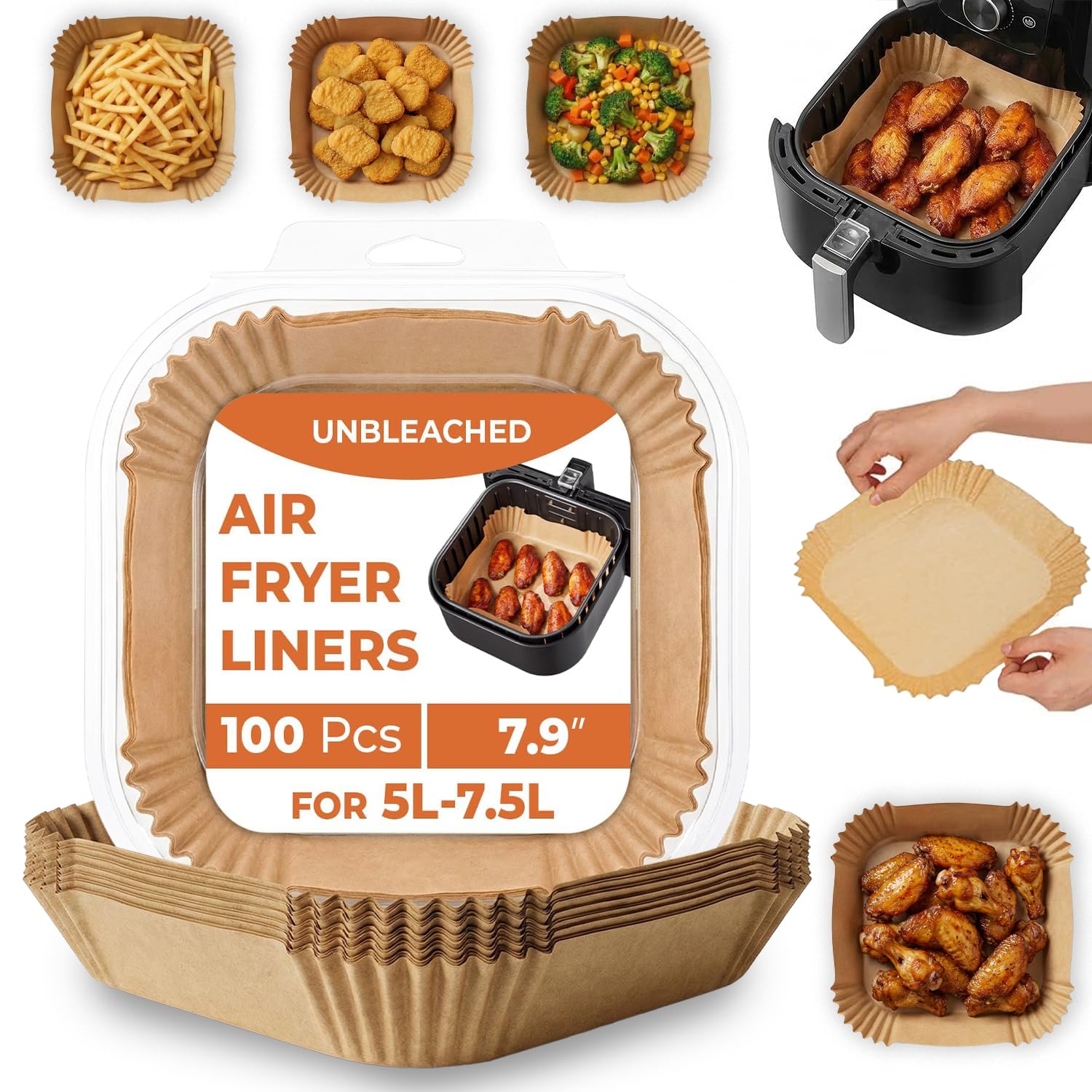 Roe Tenpo Air Fryer Liners, 100Pcs Disposable Baking Parchment Paper, Non-Stick 