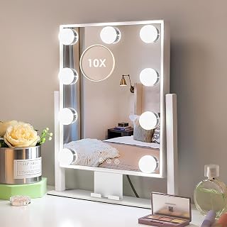 KOTTOVA Makeup Mirror with Lights - Modern Vanity Mirror, 14x12 Lighted-up Mirror with 3 Color Dimmable Lighting & Mount, Touch Sensor, with Detachable 10X Spot Mirror, Sleek Metal Frame – White